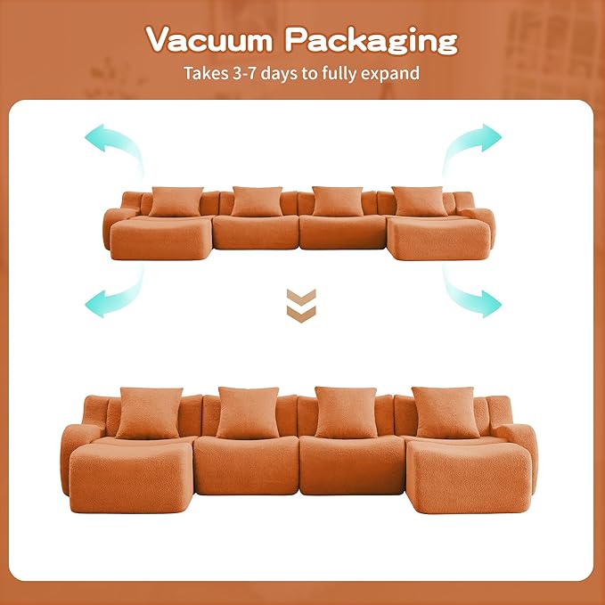 Modular Sectional Sofa for Living Room 148 U-Shaped Orange Boneless Cloud Couch with 2 Ottoman4-Seat Teddy Fabric Sofa Deep Seat Curved ArmrestStreamlined Ergonomic Design