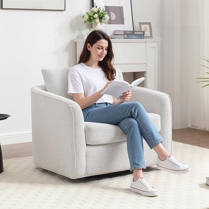 MINCETA Oversized Accent Chair for Living Room 360° Swivel Barrel Chair with High Density Foam Modern Reading Chair with Performance Fabric Upholstered Armchair for Apartment Bedroom White
