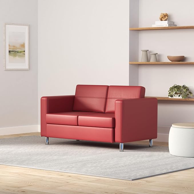 Office Star Pacific Loveseat with Padded Box Spring Seats and Silver Finish Legs Dillon Lipstick Faux Leather