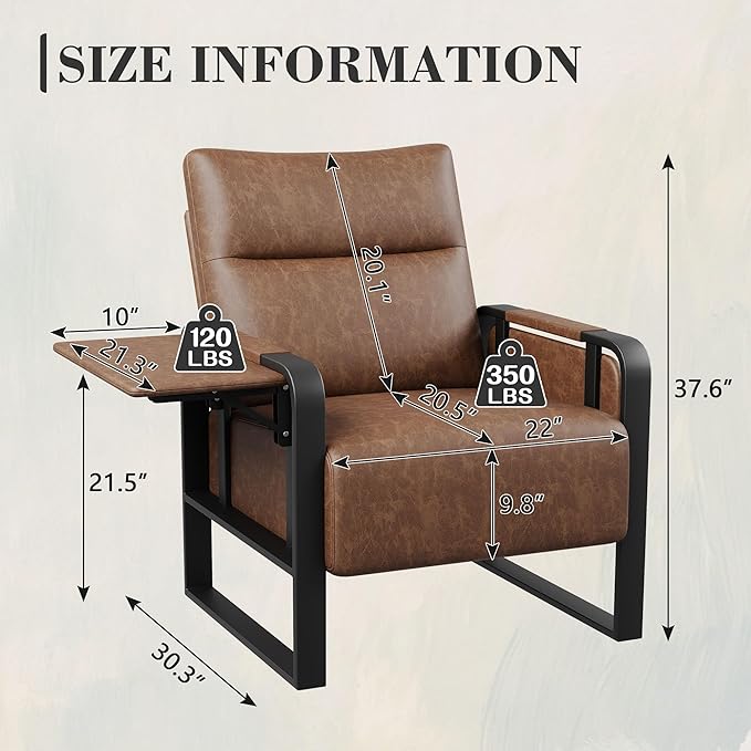 Upholstered Living Room Chair Armchair Mid Century Faux Leather Metal Accent Chair Reception Couch Office Guest Chair Slipper Club Lounge Single Sofa with Sidetable for Bedroom-Brown