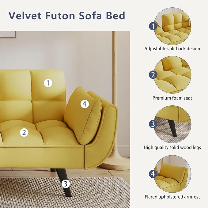 Olela Futon Sofa Bed Convertible Sleeper Couch 74 W Modern Velvet Loveseat with Adjustable Backrests and Solid Wood Legs for Living Room Bedroom Small Space (Yellow)