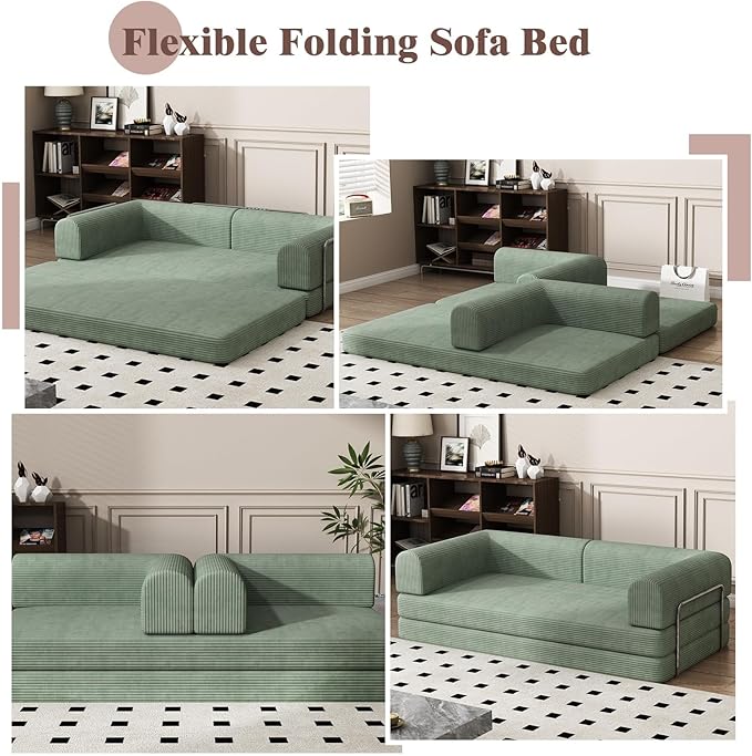Convertible Corduroy Sleeper Sofa BedFolding Mattress Couch with Fixed-Shape Frame 3 Seater Fold Out King Size FutonNo Assembly Floor Couch for Living Room Dorm Studio 78.7*39.4*29.6 Inch Green