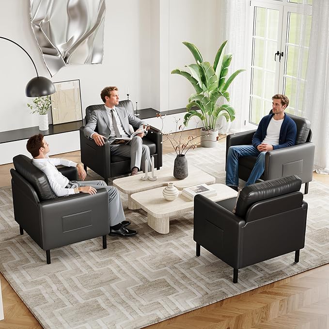 STHOUYN Black Faux Leather Accent Chair with Arms Modern Small Accent Office Chair Waiting Room Chairs for Living Room Bedroom with Metal Legs (1 Black)