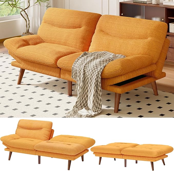 Amada 66 Convertible Futon Sofa Bed Corduroy Folding Futon Set with Adjustable Backrest &ampArmrests Recliner Lounge for Living Room Apartment or Office Solid Wood Frame Loveseat Sofa - Orange