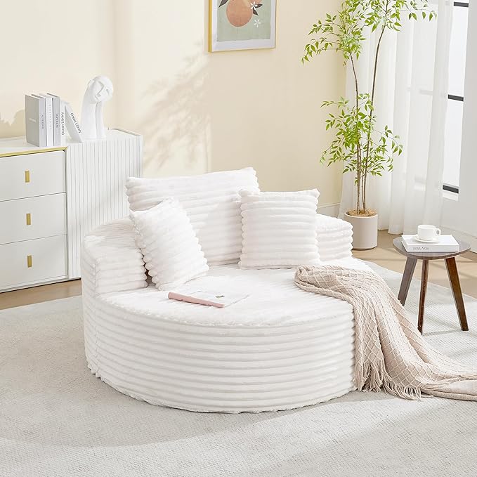 Garvee 55 Round Oversized Chaise Longue Chair Indoor Corduroy Upholstered Boneless Cloud Couch Deep Seat Sleeper Floor Sofa Chair for Living Room Bedroom Apartment White