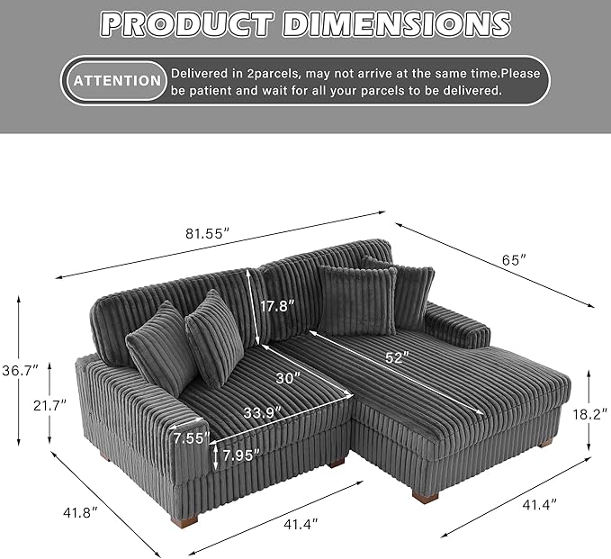 Cloud Sectional Couch with L-Shape Chaise Modern Modular Sofa with Deep Seat Upholstered Couches for Living Room Bedroom Grey
