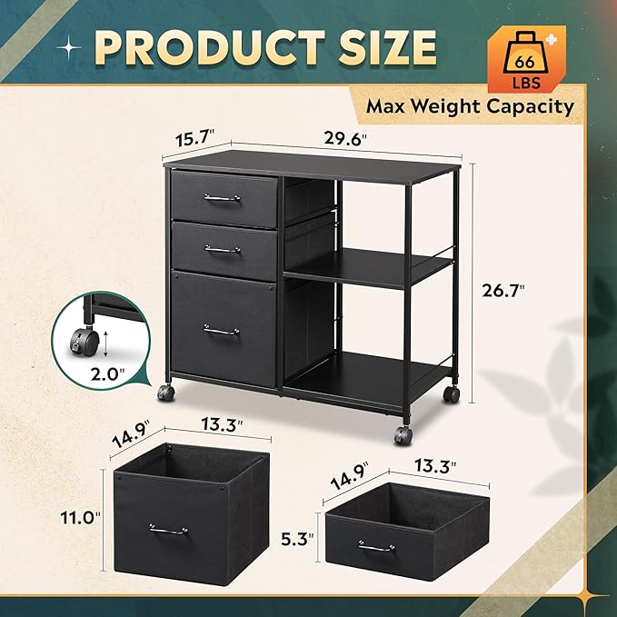DEVAISE 3 Drawer Mobile File Cabinet Rolling Printer Stand with Open Storage Shelf Fabric Lateral Filing Cabinet fits A4 or Letter Size for Home Office Black
