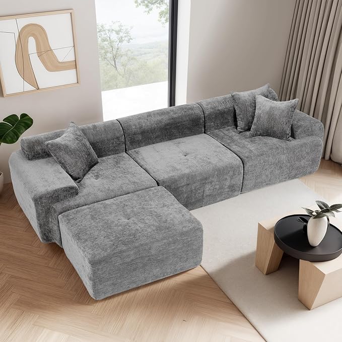 119 Modular Sectional Sofa Cloud-Style Chenille Couch with Deep Seats &amp Chaise No Assembly Compression Sectional with Throw Pillows for Living Room Apartment Bedroom Grey