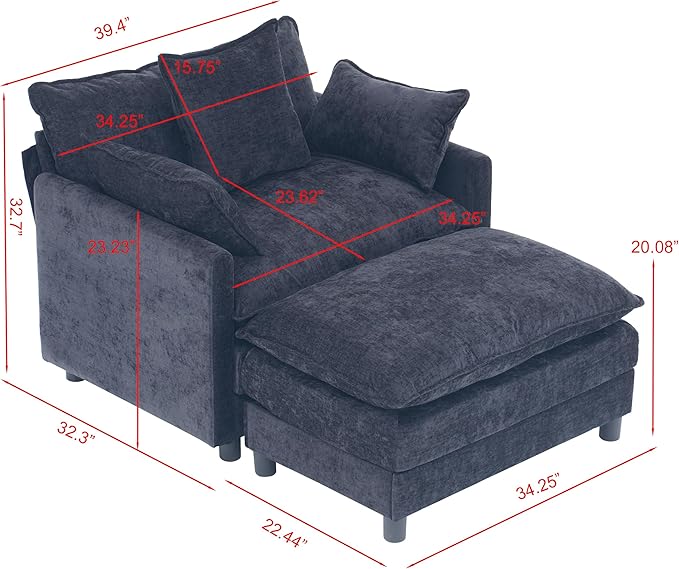 KEIKI Oversized Armchair with Ottoman Chenille Upholstered Sofa Bed Wide Accent Chair Perfect for Living Room Bedroom Apartment Black