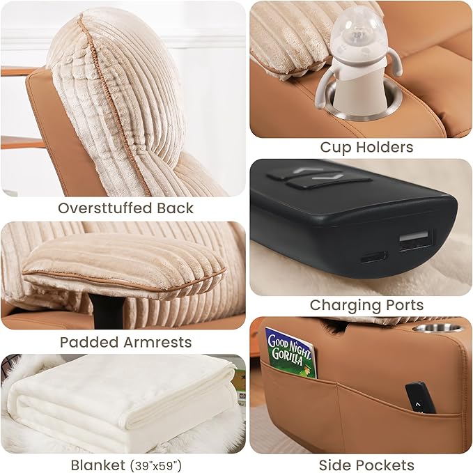 GRAINELL Rocking Chair Nursery Electric Swivel Recliner Glider with Adjustable Armrests Nursing Chair with USB Charger Cup &amp Blanket Holders Brown Corduroy &amp PU Leather