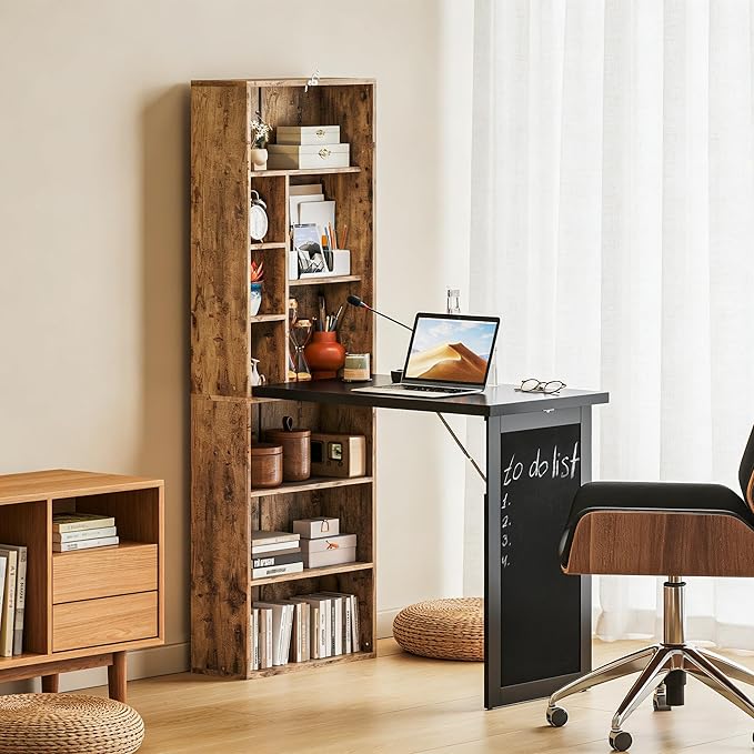 Folding Writing Desk with Storage Shelves Fold Out Convertible Wall Mounted Table with Blackboard Foldable Computer Murphy Desk for Small SpacesHome Office (Natural)