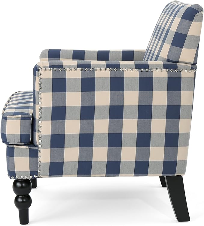 Christopher Knight Home Evete Tufted Fabric Club Chair Blue Checkerboard Dark Brown 32D x 28.75W x 34.5H in