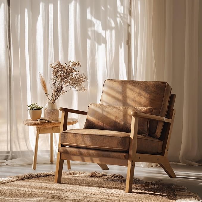 VINGLI Solid Wood Wide Armrests Accent ChairUpholstered Mid Century Modern Chair with PillowComfy Reading Chair Farmhouse Arm ChairChairs Living RoomBedroomGuest RoomSuedeRustic
