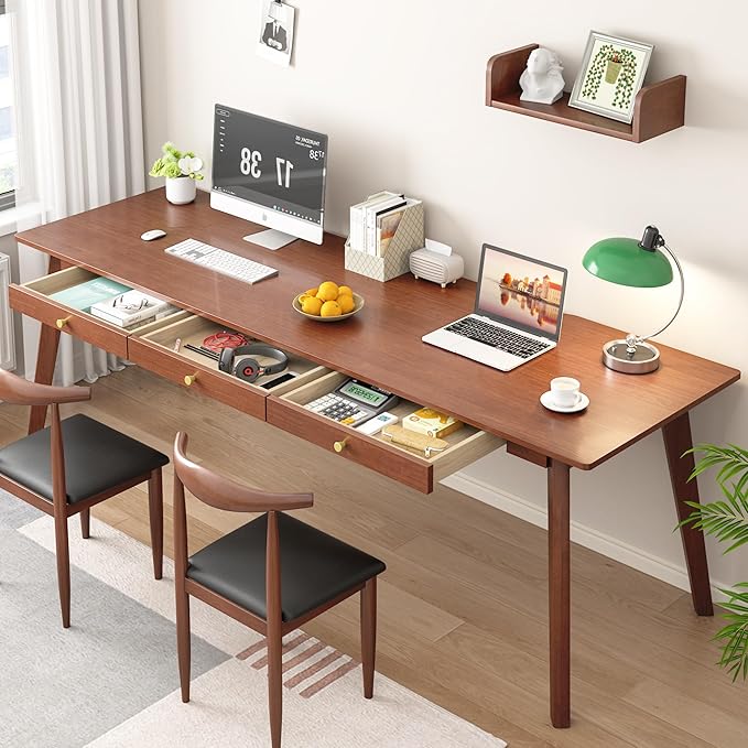 100% Solid Wood Desk 71 Mid Century Modern Desk with 3 Drawers Large 2 Person Vintage Writing Desk Simple Wooden Table for Restaurants Home Offices