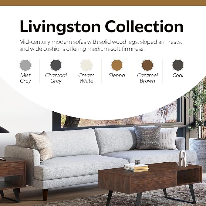 SIMPLIHOME Livingston 90-inch Wide Sofa in Mist Grey Woven-Blend Fabric Handcrafted Mid-Century Modern Oversized 3-Seater Couch Sofa for Living Room or Family Room Solid Wood Frame
