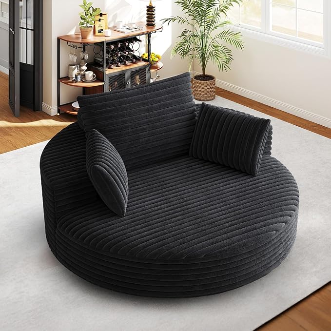 360-Degree Oversized Swivel Chair Modern Round Circle Corduroy Comfy Deep Seat Swivel Accent Chaise Lounge Sofa Chair with Back Cushion &amp 2 Throw Pillows for Living Room Bedroom Office Black