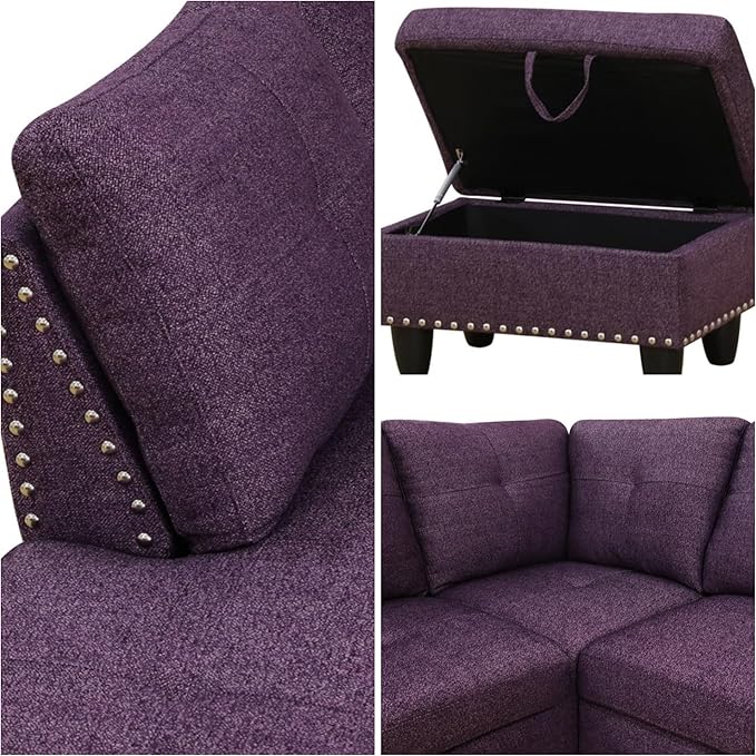 L-Shaped Sectional Sofa with Movable Chaise &amp Storage Ottoman Lounge 3-Piece Modular Convertible Couches for Living Room Apartment &amp Office Deep Purple
