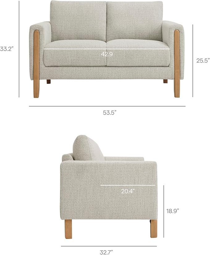 Modway Hawken 54 Inch Boucle Loveseat in Parchment Beech with Wood Legs – Mid-Century Modern Small Space 2-Seater Sofa for Living Room Bedroom or Office Lounge