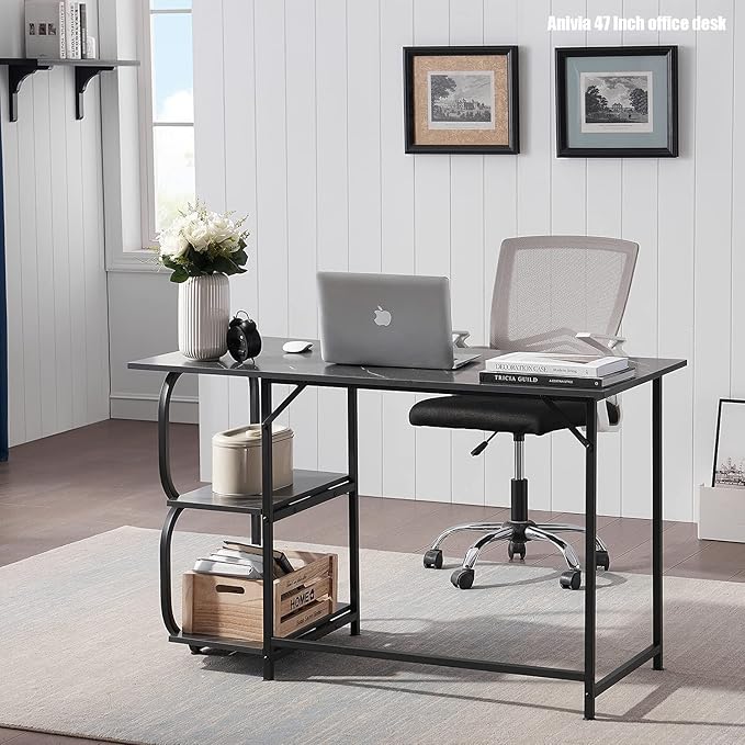 Anivia Gaming Computer Desk Small Home Office Desk with 2 Storage Shelves 47 Writing Desks Industrial Simple Style Wood Table Metal Frame for PC Laptop Notebook（Black） (47-B)