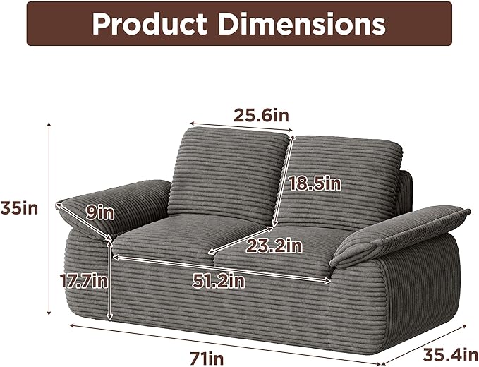71 Cloud Boneless Couch Loveseat Sofa with Deep Seat Memory Foam Small 2 Seater Corduroy Couch in A Box No Assembly Compressed Sofa for Living Room Bedroom Apartment Dark Grey