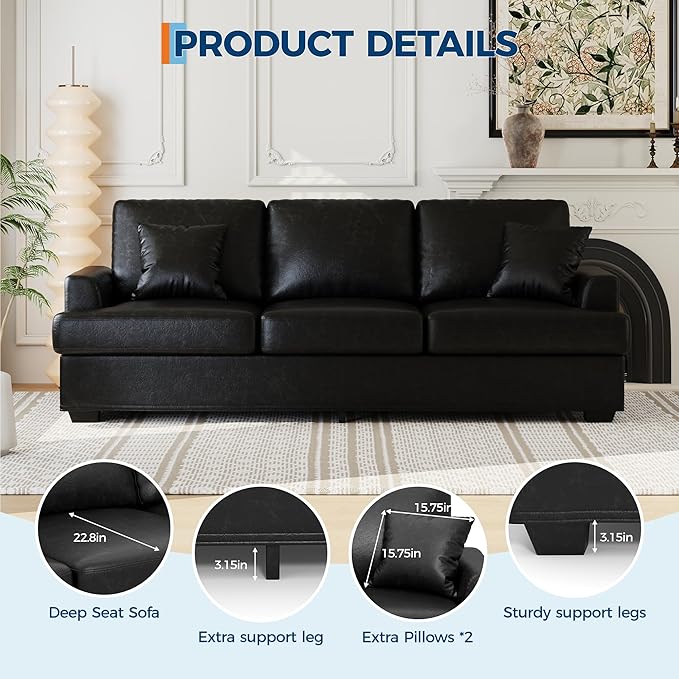 IDEALHOUSE Modern 86 Leather Sofa with 2 Throw Pillows Deep Seat Couch with Upholstered Cushion &amp Removable CoverComfy Faux Leather Sofa Couch for Small Space Apartment Lounge Black