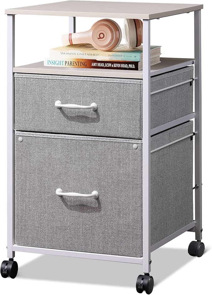 DEVAISE 2 Drawer Mobile File Cabinet Rolling Printer Stand with Open Storage Shelf Fabric Vertical Filing Cabinet fits A4 or Letter Size for Home Office Light Grey