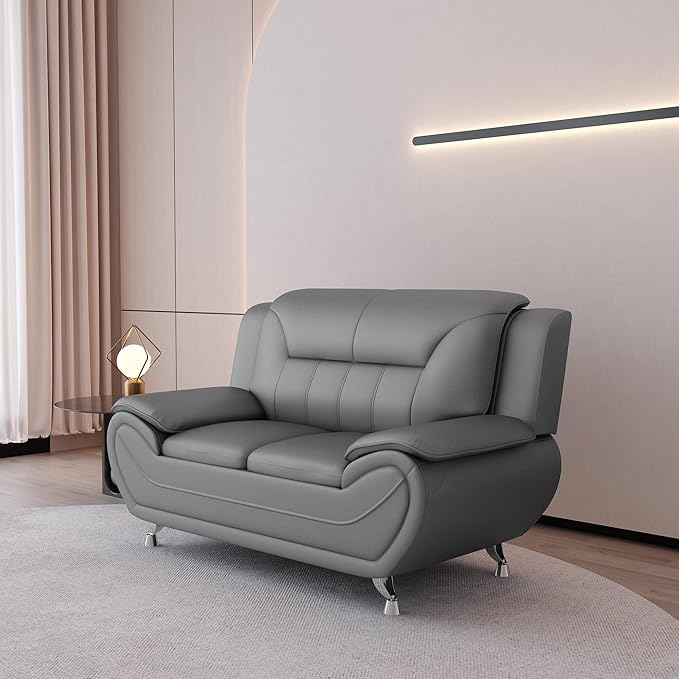 Michael Modern Faux Leather Upholstered Stainless Steel Legs Living Room Loveseat Gray