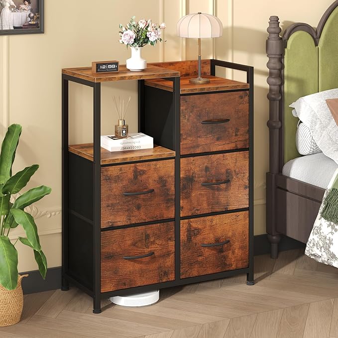 DUMOS 5-Drawer Chest of Drawers with Raised Shelf Storage Tower with Fabric Bins for Closet Organization Hallway Storage Brown