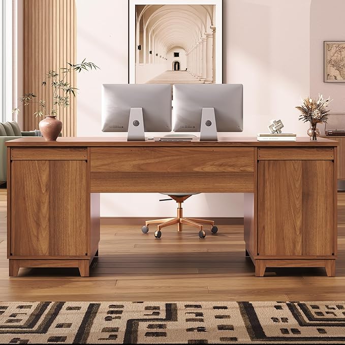 SEDETA 55.1 Fluted Office Desk with 6 Drawers Modern Computer Desk with Acrylic File Drawers Executive Desk with Power outlets for Home Office and Study (Brown)