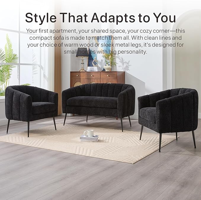 50.2'' Loveseat Sofa Modern Sherpa Boucle 2-Seater Sofa with Metal Legs Comfy Upholstered Small Accent Couch for Living Room Bedroom Office (Black).