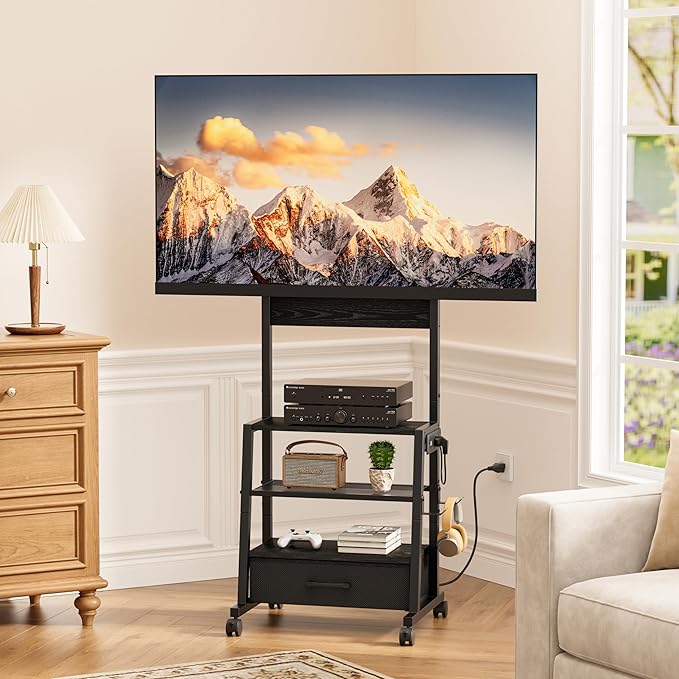 Rolling TV Stand with Wheels and Mount - Small Corner TV Stand with Power Outlet for 32-55 inch TV Entertainment Center with Fabric Drawer Storage for Living Room Bedroom Black