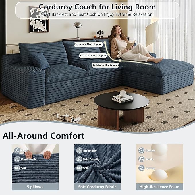 107 Cloud Sectional Couch L-Shaped Chaise Corduroy Boneless Couch for Living Room Bedroom Deep-Seat Upholstered Modular Cloud Sofa No Assembly Required (Blue Right Facing Chaise)