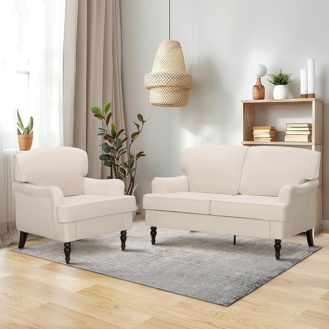 Sophia &amp William Living Room Chair Set of 2 Upholstered Accent Chair with Wood Legs Comfy Linen Fabric Armchair Off-White