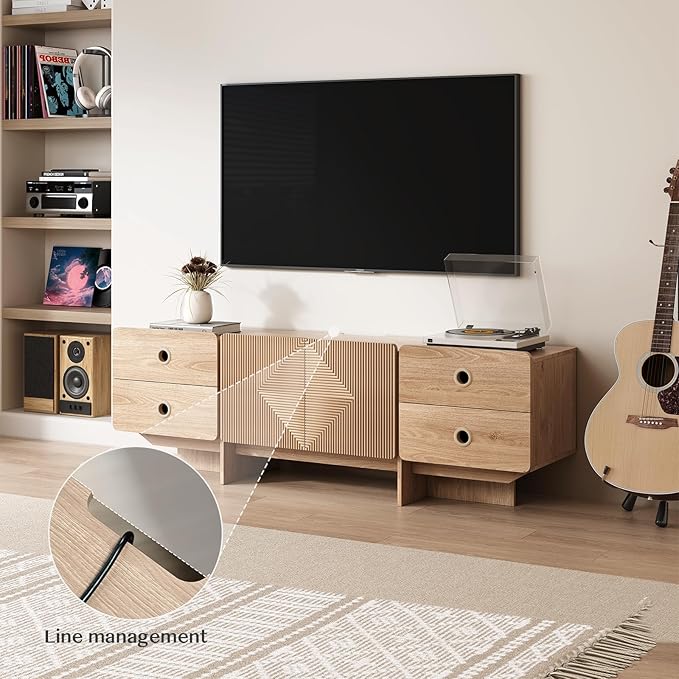 66 Fluted TV Stand Boho TV Consoles for Living Room Modern Entertainment Center with Storage Media Console Cabinet for 75 inch TV(Oak)