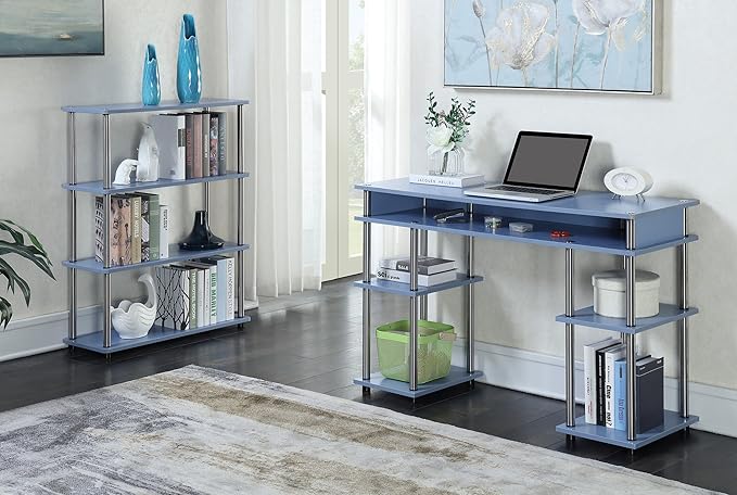 Convenience Concepts Designs2Go No Tools Desk Home Office Desk with Shelves Corner Shelf Vanity Desk Computer Desk Nail Table for Nail Tech - 47.25 L x 15.75 W x 30 H Blue