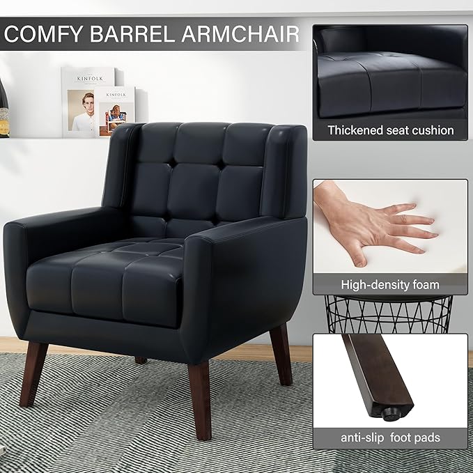 Pia Ricco 2 Pack Mid Century Modern Accent Chairs Button Tufted Faux Leather Armchairs - Easy-Clean Matching Set for Living Room Durable Sofa Chairs for Home Office &amp Lounge Black