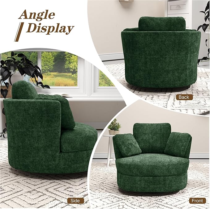 Mlmh &amp Kngwa Oversized Swivel Chair 40 inch Round Swivel Accent Chair with 3 Pillows Modern Barrel Chairs for Living Room Cozy Chenille Chairs for Reading Nook Bedroom Green