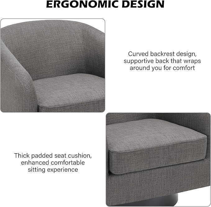 Swivel Barrel Accent Chair Modern Round Linen Arm Chair for Living Room Bedroom Comfy Club Reading Chairs for Adults（Linen Fabric Grey Set of 1