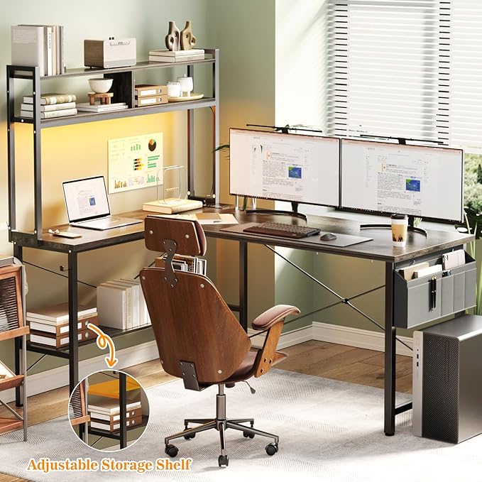 Aheaplus L Shaped Desk Gaming Desk 59 L Shaped Computer Desk with LED Light &amp Power Outlet Reversible Home Office Desk Gamer Desks with Shelves &amp Storage Bag &amp Hooks Corner PC Desk Bl