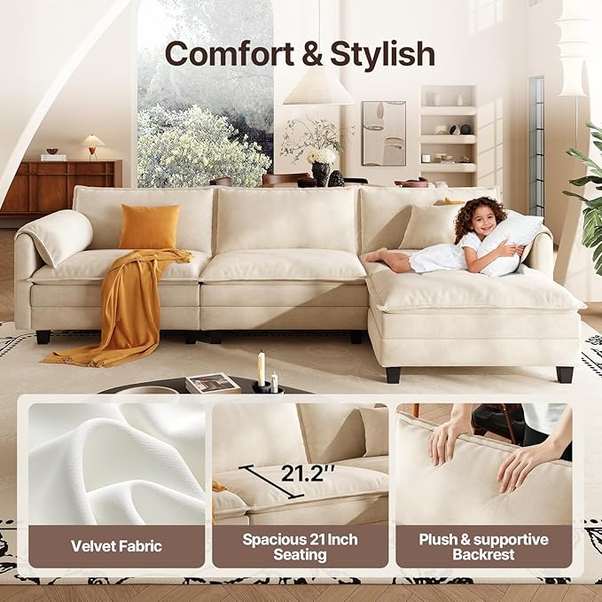 107 L Shaped Modular Sectional Cloud Couch with Pillow Deep Seat Sofa Couches for Living Room 4-Seat Modern Sofa with Movable Ottoman Comfortable Living Room Couch (Beige 107 Inch-L)