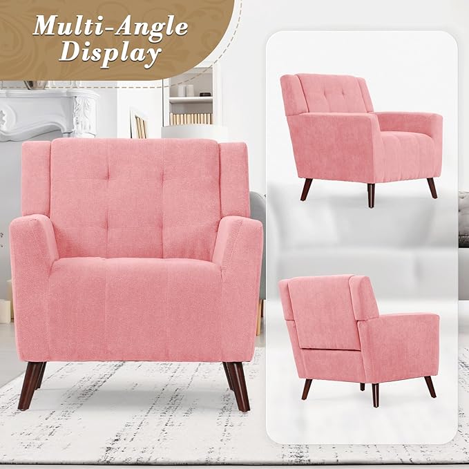 Athena Collection Wingback Accent Chair for Living Room Comfy Linen Fabric Upholstered Reading Chair for Adults Single Sofa Armchair for Bedroom Dorm Balcony Pink