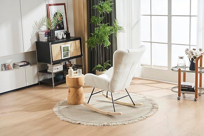 Rocking Chair Nursery Solid Wood Legs Reading Chair with Teddy Fabric Upholstered Nap Armchair for Living Rooms Bedrooms Offices Best GiftWhite Teddy Fabric