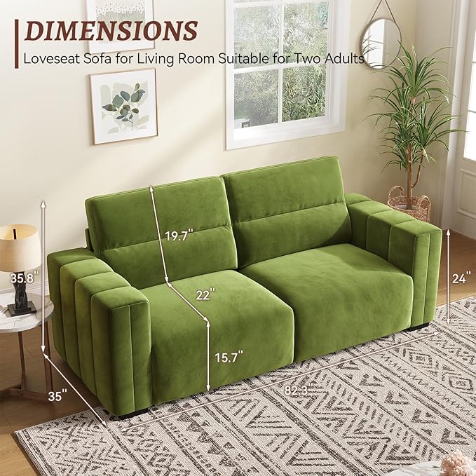 82 Inch Sofa with Extra Deep Seats Oversize Velvet Fabric 2 Seater Sofa for Living RoomModern Couch and Loveseat Comfy Armrests and Seats and Backrests Easy Installation Green