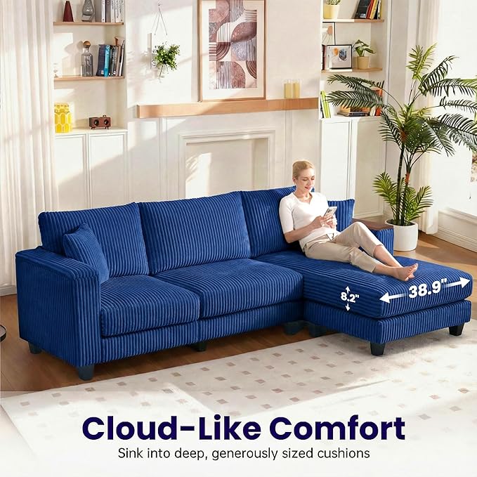 114 Cloud Sectional Couch with L-Shape Reversible Chaise Modern Corduroy L Shaped Couch with 2 Pillows &amp Storage Armrests 4 Seater Sectional Couches for Living Room Plush Corduroy Blue