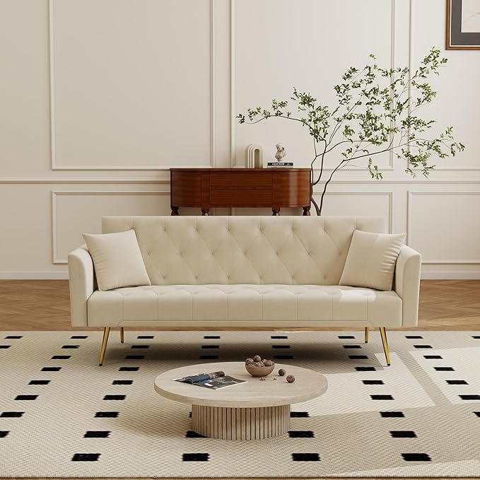 KEIKI 72 2Seat Velvet Sofa Couch for Cozy Cottage Small Space Style Conscious Traditional Families Warm Inviting Comfy Supportive Rest Space Elegant Premium Premium Design Beige