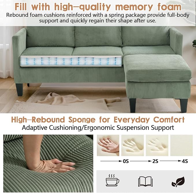 (New) 3 Seater Couch with Ottoman Green Couch with Removable Pillows Velvet Sofas with Side Pockets L Shaped Sofa for Living Room Apartment (Olive Green)