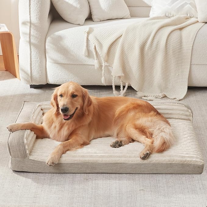 WINDRACING Orthopedic Dog Beds for Large Dogs Waterproof Egg Foam Dog Sofa Bed with L Bolster Sides Washable XLarge Pet Bed with Removable Cover &amp Non-Slip Bottom 40 x 28 inch Beige