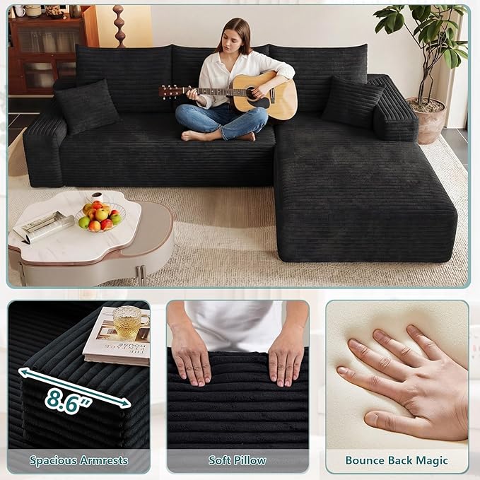 95 Modular Sectional Couch Boneless L Shaped Cloud Sofa with Chaise Lounge Corduroy Upholstered Couches Memory Foam Deep Seat No Assembly Required Ideal for Living Room(Black Right Facing)