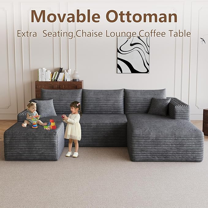 95 Modular Sectional Sofa with Ottoman Modern Corduroy Cloud Couch with Deep Seat Boneless Couch Upholstered 3-Seater U-Shaped Sofa for Living Room No Assembly (Dark GrayRight-Facing Chaise)
