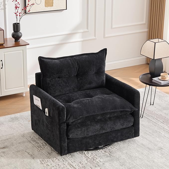 Furniliving Oversized Chenille Swivel Accent Chair for Living Room Upholstered Barrel Chair with Thick Padded Backrest Comfortable Single Sofa Chair for Bedroom Black